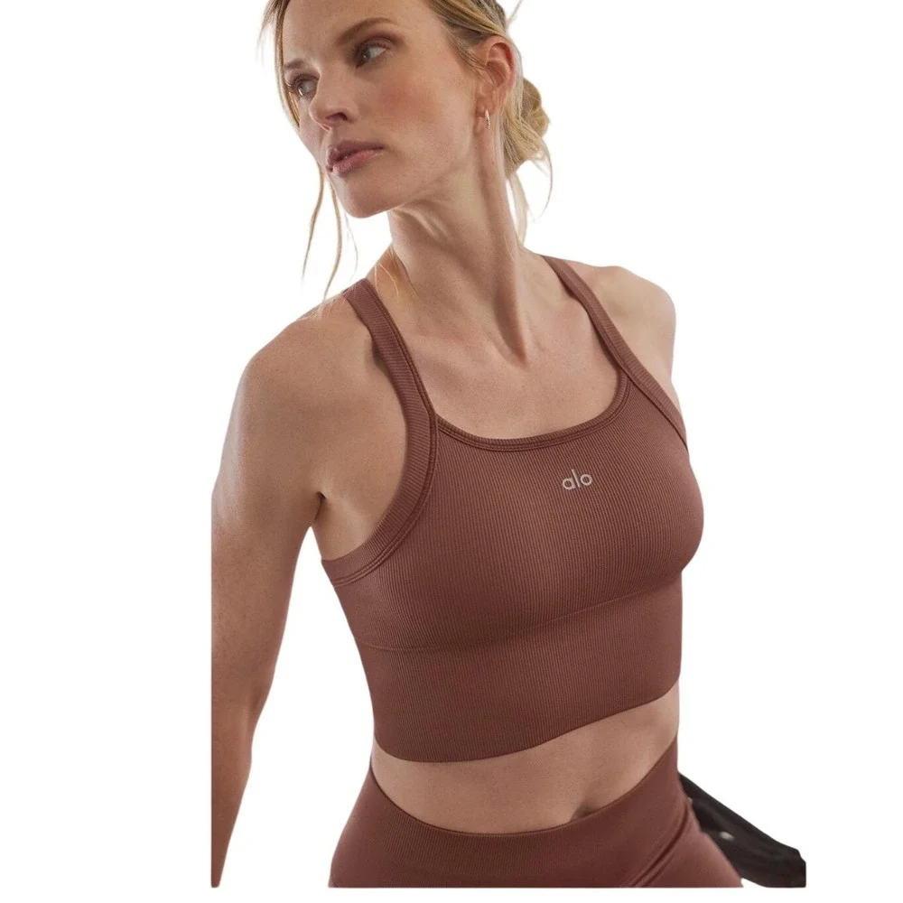 Alo Yoga Seamless Ribbed Favorite Bra Tank & Biker Shorts Set Brown Est Size M